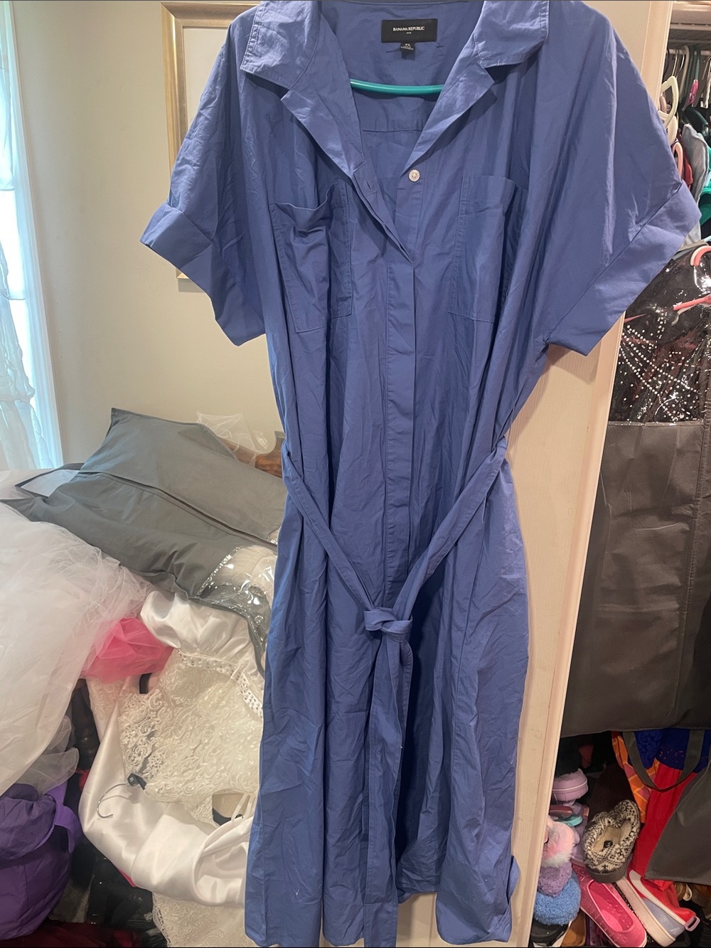 Banana Republic Periwinkle Blue Short-Sleeve Midi Shirt Dress